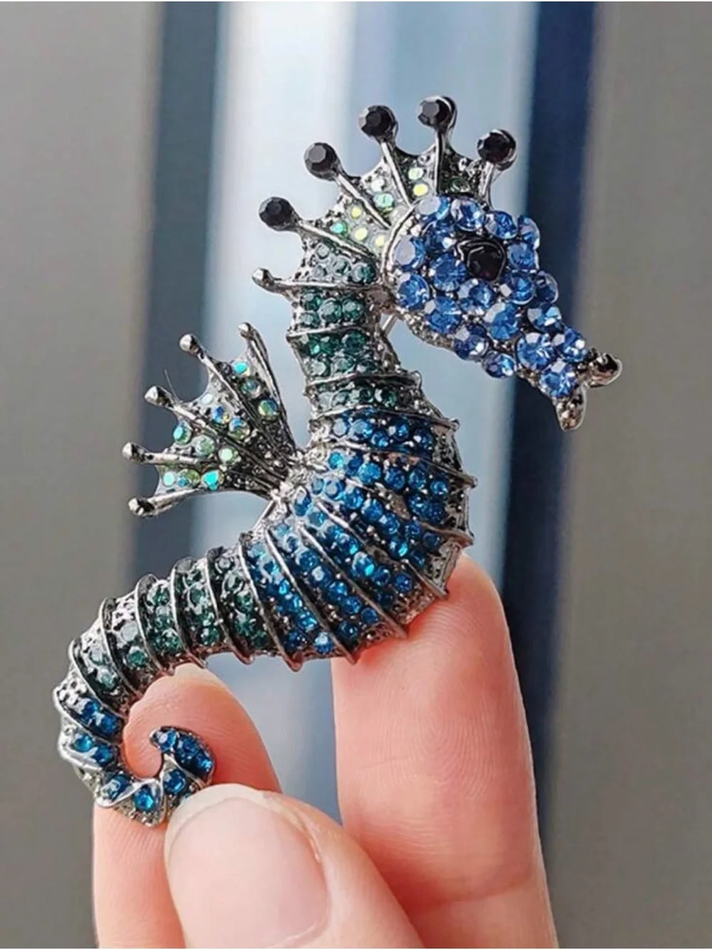 Sea Life Crystal Brooch Set - Blue Starfish, Seahorse & Shell